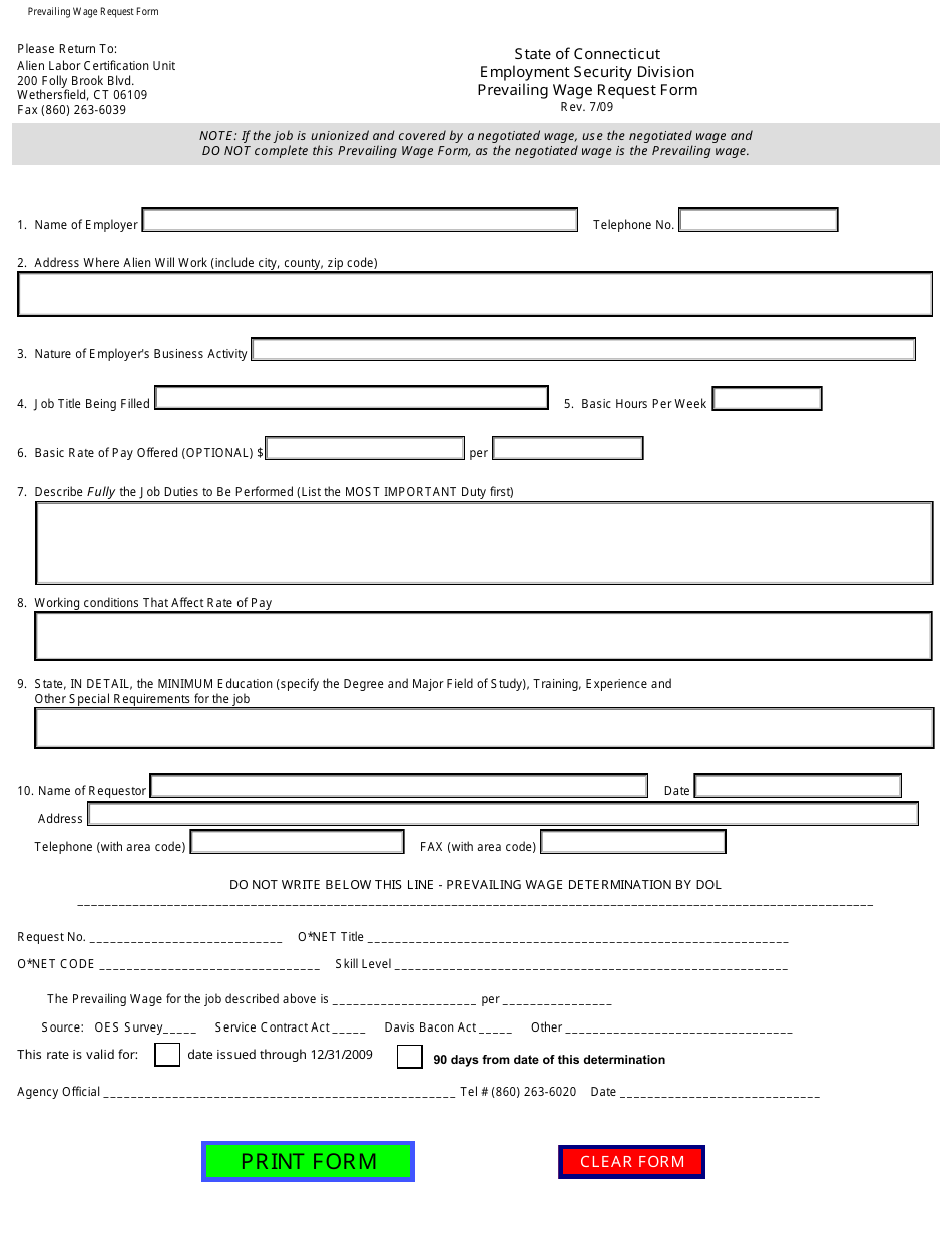 Prevailing Wage Request Form - Connecticut, Page 1