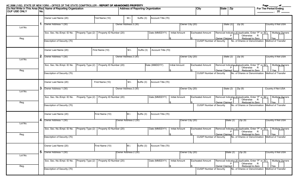 Form AC2686 Report of Abandoned Property Template - New York, Page 1