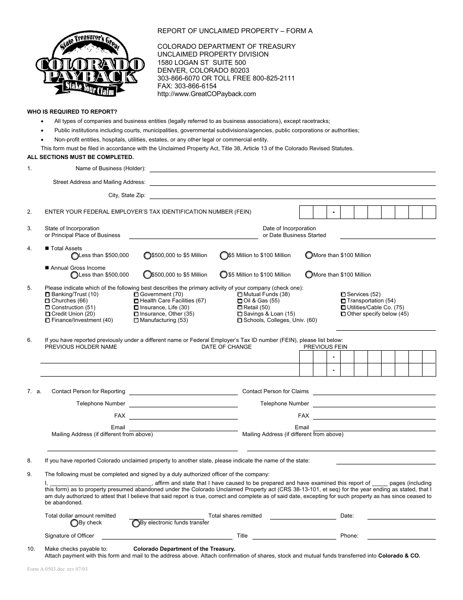 Form A Report of Unclaimed Property - Colorado, Page 1