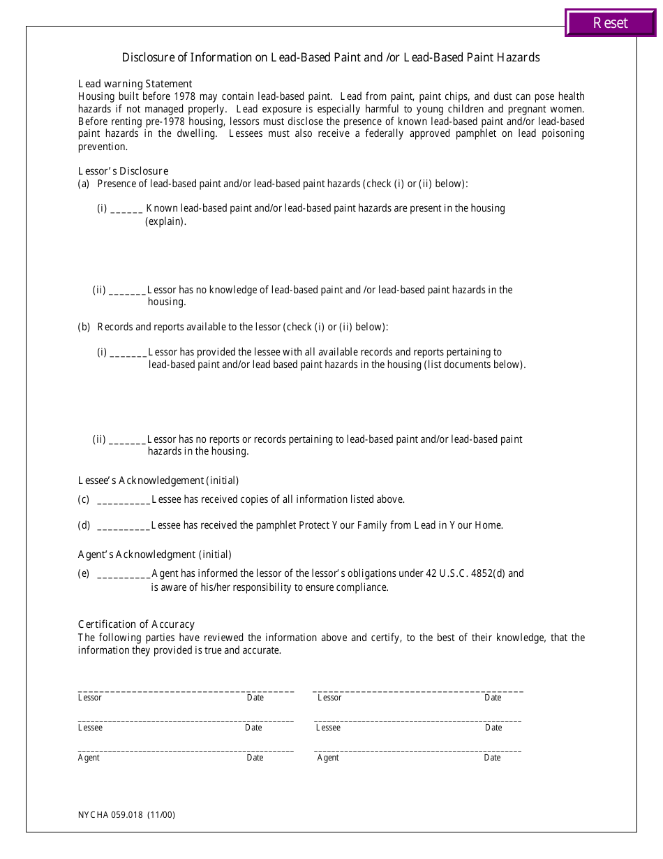 Form NYCHA059.018 Disclosure of Information on Lead-Based Paint and / or Lead-Based Paint Hazards - New York City, Page 1