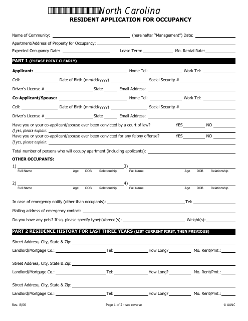 Resident Application for Occupancy - Aanc - North Carolina
