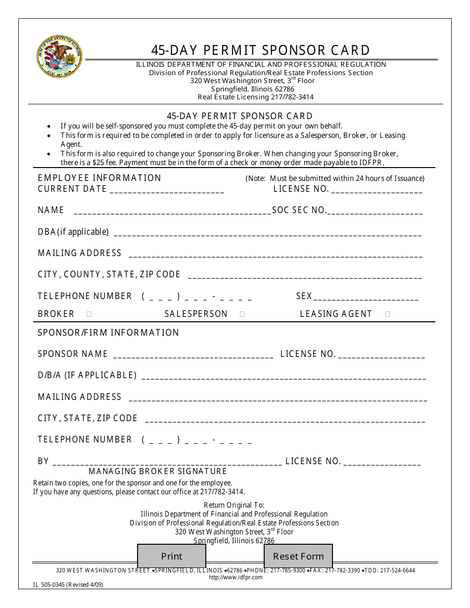 Form IL505-0345 45-day Permit Sponsor Card - Illinois, Page 1