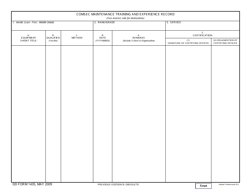 DD Form 1435 Comsec Maintenance Training and Experience Record, Page 1