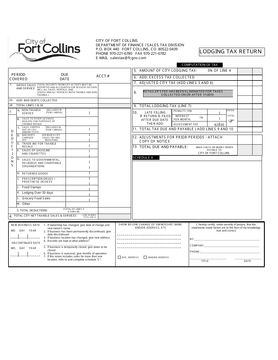 city of Fort Collins, Colorado Lodging Tax Return Fill Out, Sign