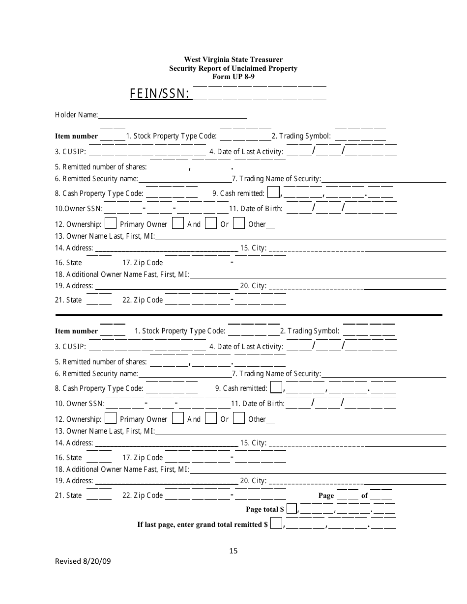 Form UP8-9 Security Report of Unclaimed Property - West Virginia, Page 1