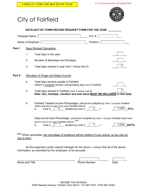 Days-Out-Of Town Refund Request Form - Fairfield, Ohio