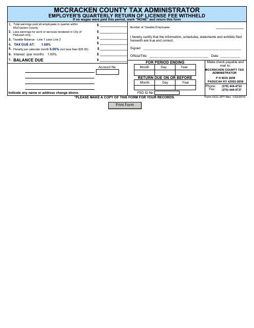 Form OCC-3PT Employer's Quarterly Return of License Fee Withheld - McCracken County, Kentucky