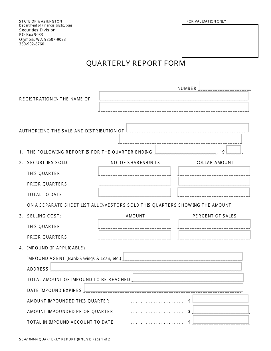 Form SC-610-044 Quarterly Report Form - Washington, Page 1