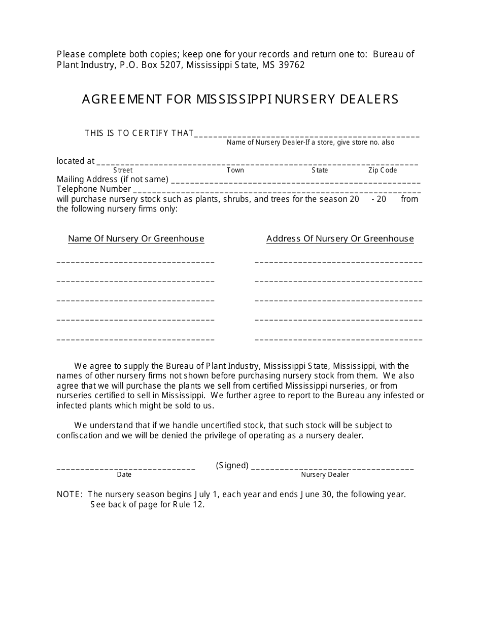 Agreement for Mississippi Nursery Dealers - Mississippi, Page 1