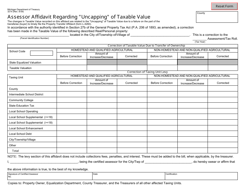 Form 3214 Assessor Affidavit Regarding uncapping of Taxable Value - Michigan, Page 1