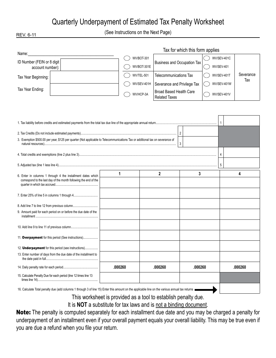 Form UETP-Q Quarterly Underpayment of Estimated Tax Penalty Worksheet - West Virginia, Page 1