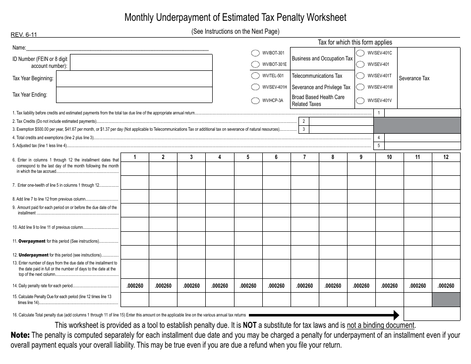 Form UETP-M Monthly Underpayment of Estimated Tax Penalty Worksheet - West Virginia, Page 1