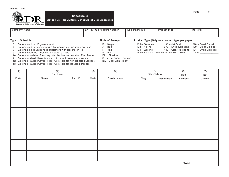 Form R-5290 Schedule B Motor Fuel Tax Multiple Schedule of Disbursements - Louisiana, Page 1