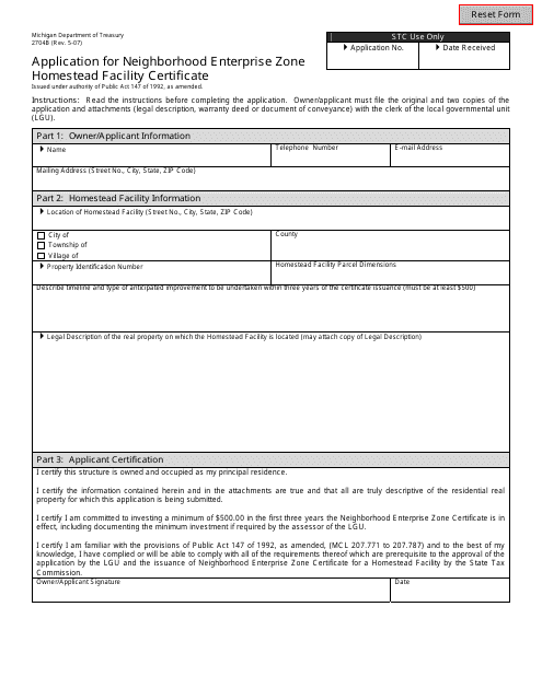 Form 2704B Application Form for Neighborhood Enterprise Zone Homestead Facility Certificate - Michigan