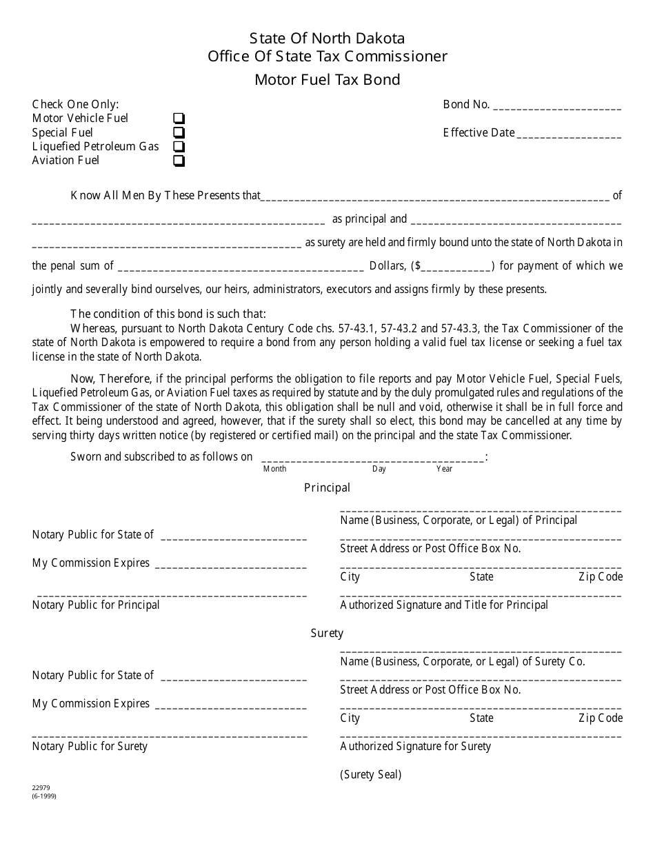 Form 22979 Motor Fuel Tax Bond - North Dakota, Page 1