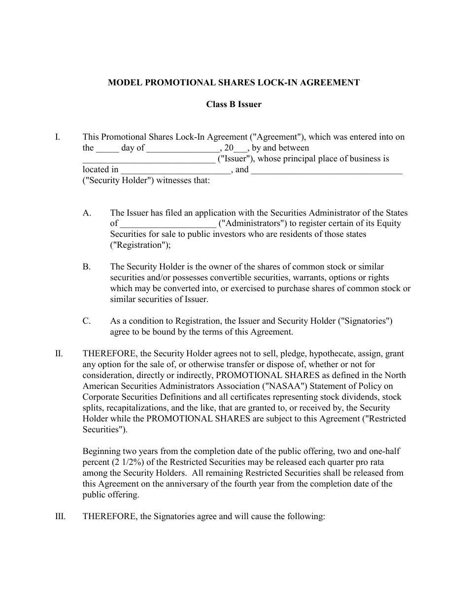 Model Promotional Shares LockIn Agreement Form Class B Issuer Fill