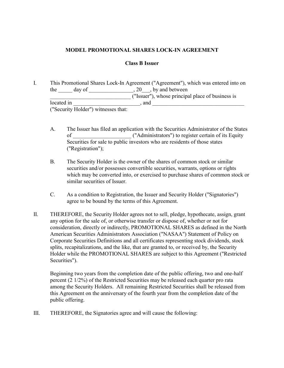 Model Promotional Shares Lock-In Agreement Form - Class B Issuer, Page 1