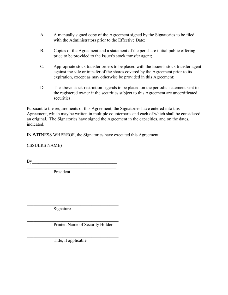 Model Promotional Shares Lock-In Agreement Form - Class B Issuer - Fill ...