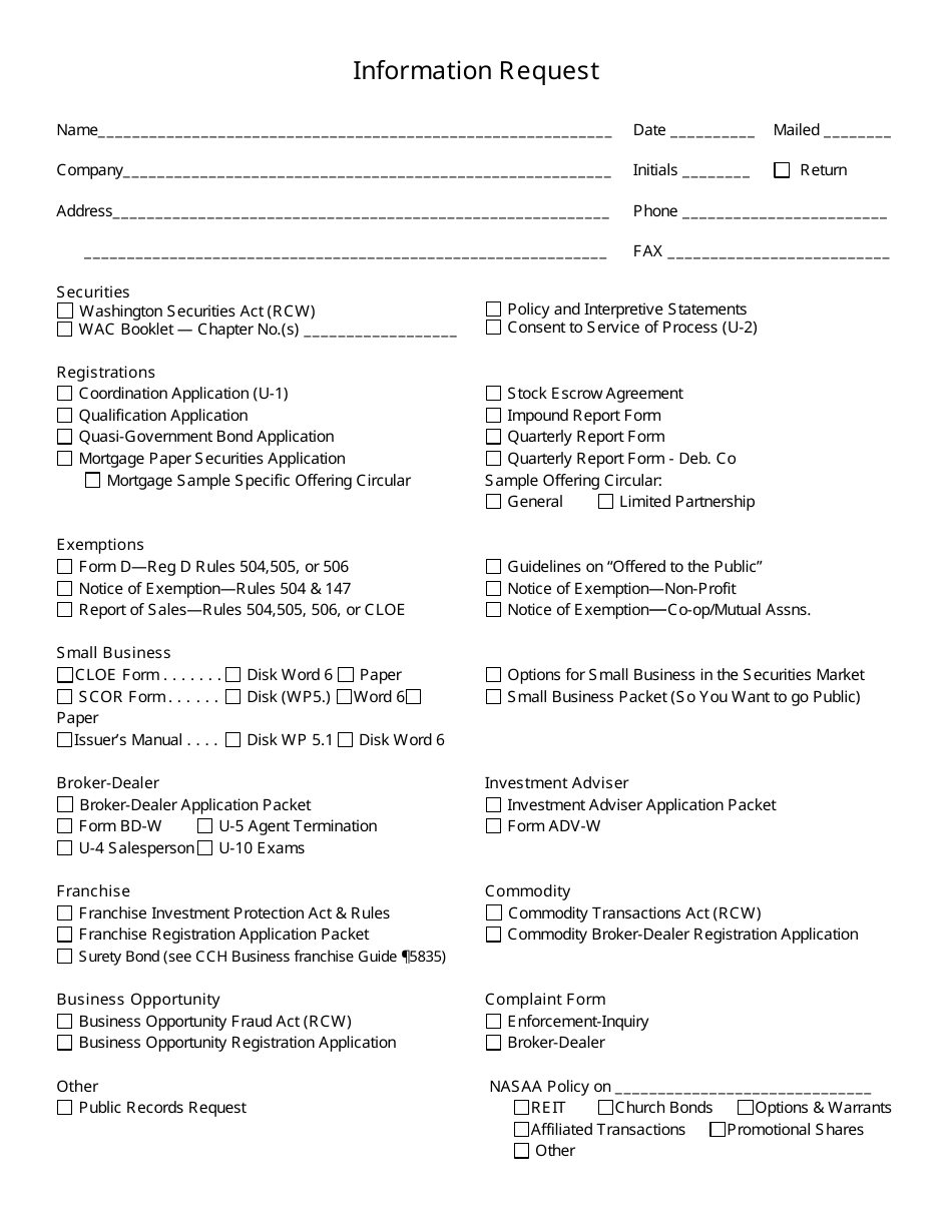 Information Request Form - Washington, Page 1