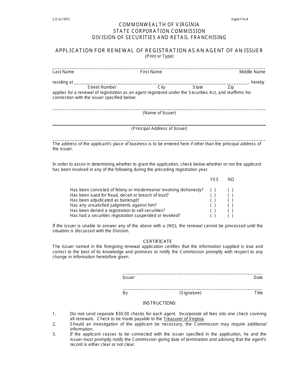 Form S.D.4 Application for Renewal of Registration as an Agent of an Issuer - Virginia, Page 1