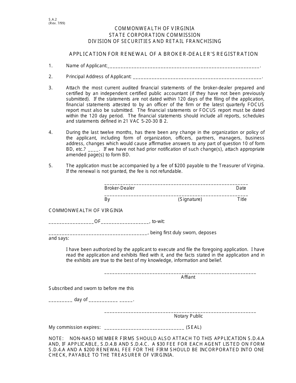 Form S.A.2 Application for Renewal of a Broker-Dealers Registration - Virginia, Page 1