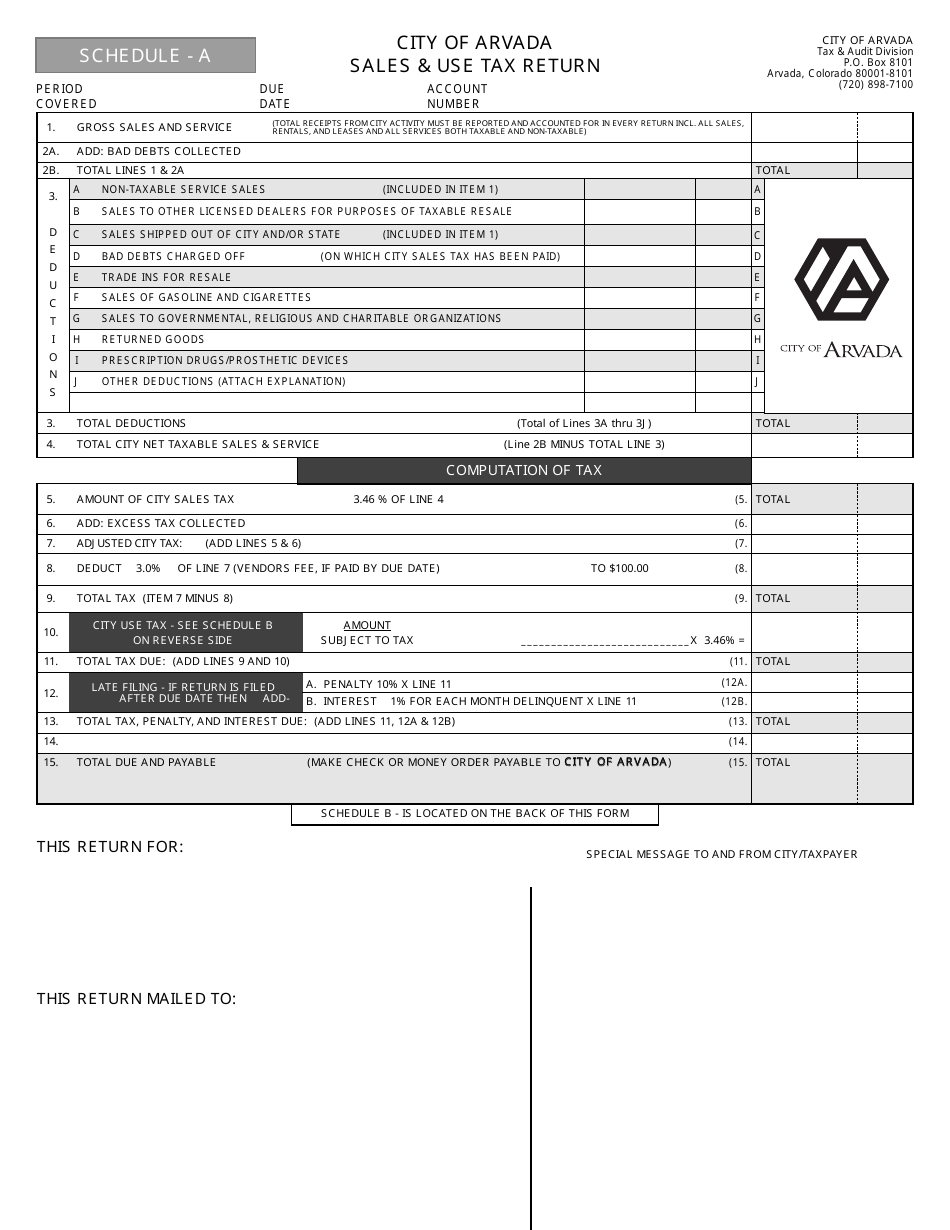 Sales  Use Tax Return Form - CIty of Arvada, Colorado, Page 1
