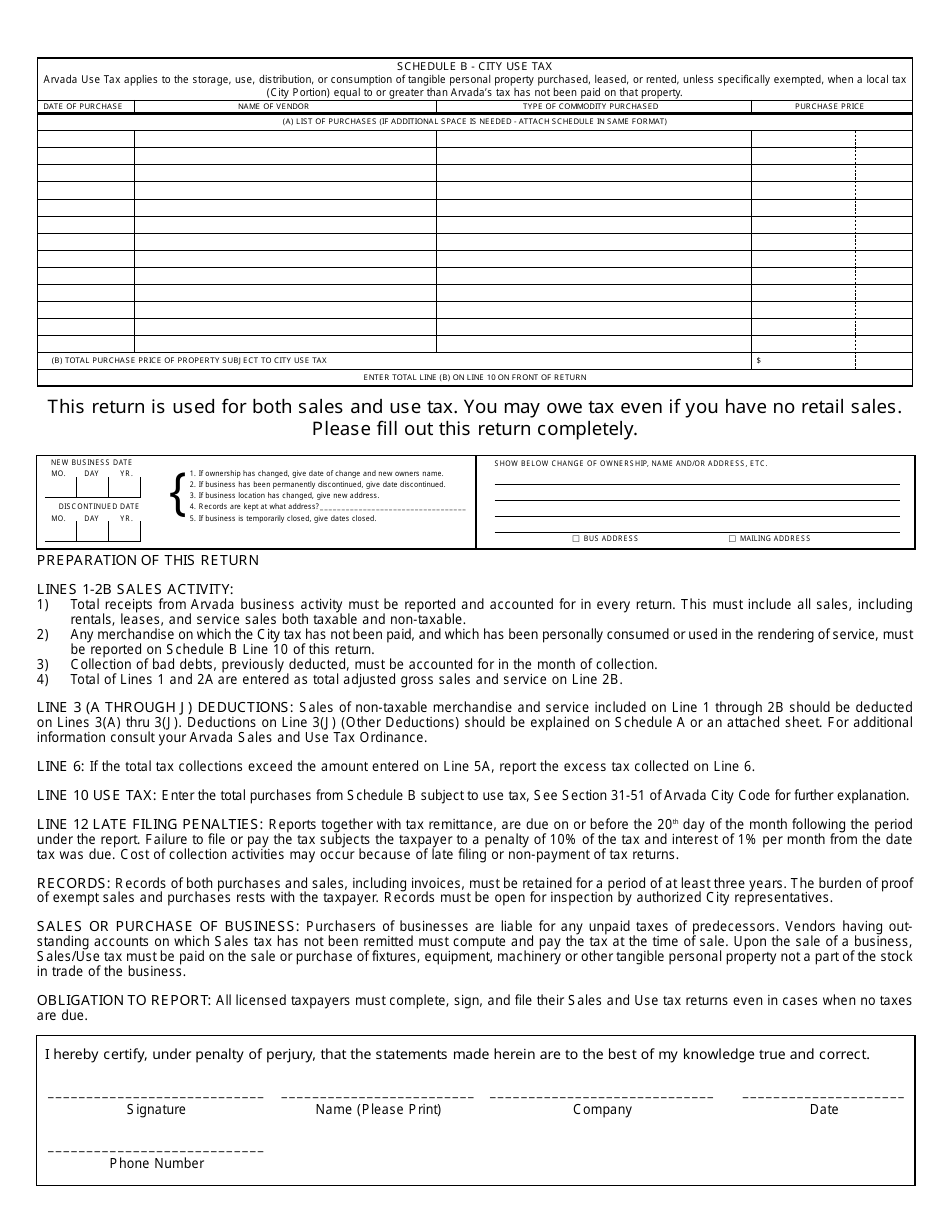 Sales  Use Tax Return Form - CIty of Arvada, Colorado, Page 2