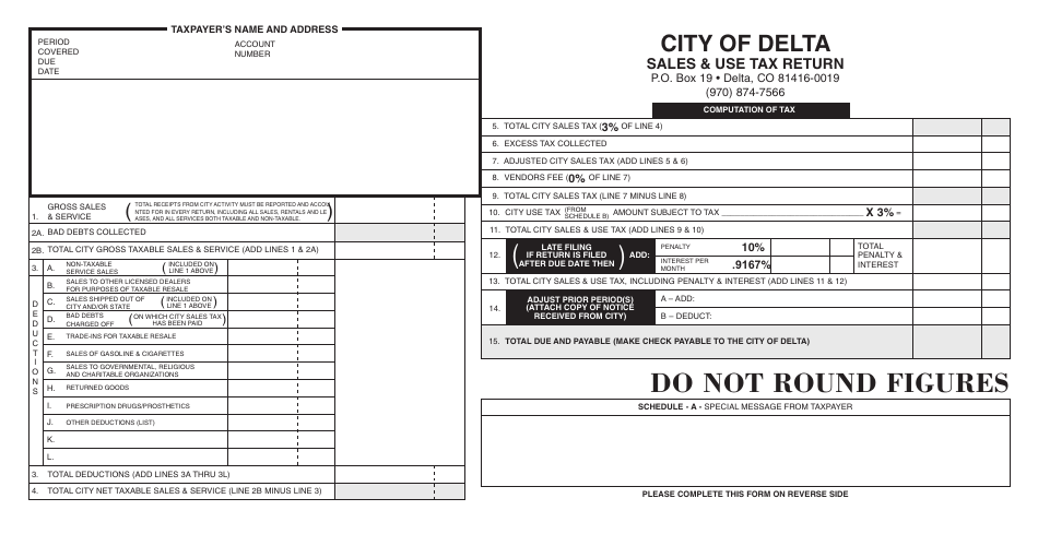 Sales  Use Tax Return Form - City of Delta, Colorado, Page 1