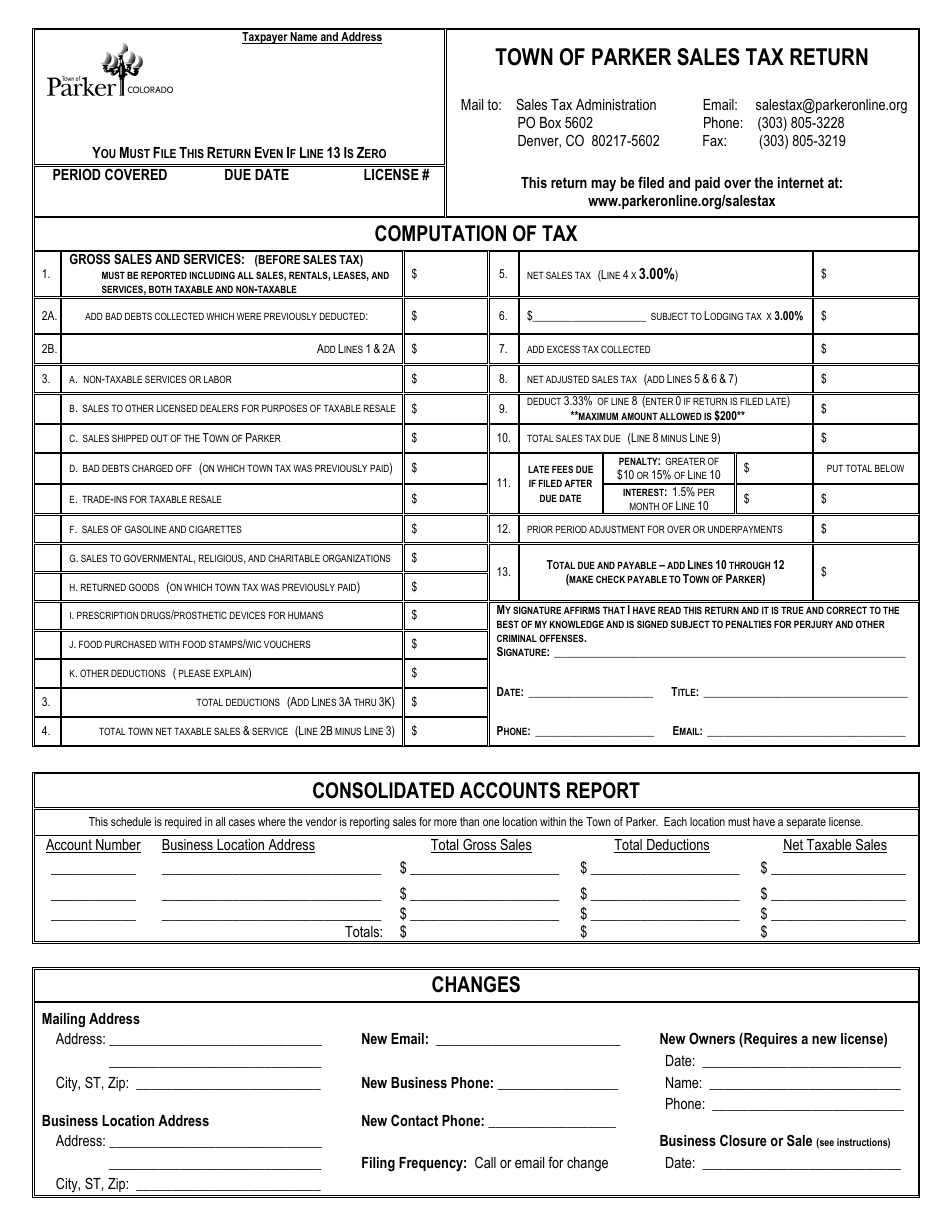Sales Tax Return Form - Town of Parker, Colorado, Page 1