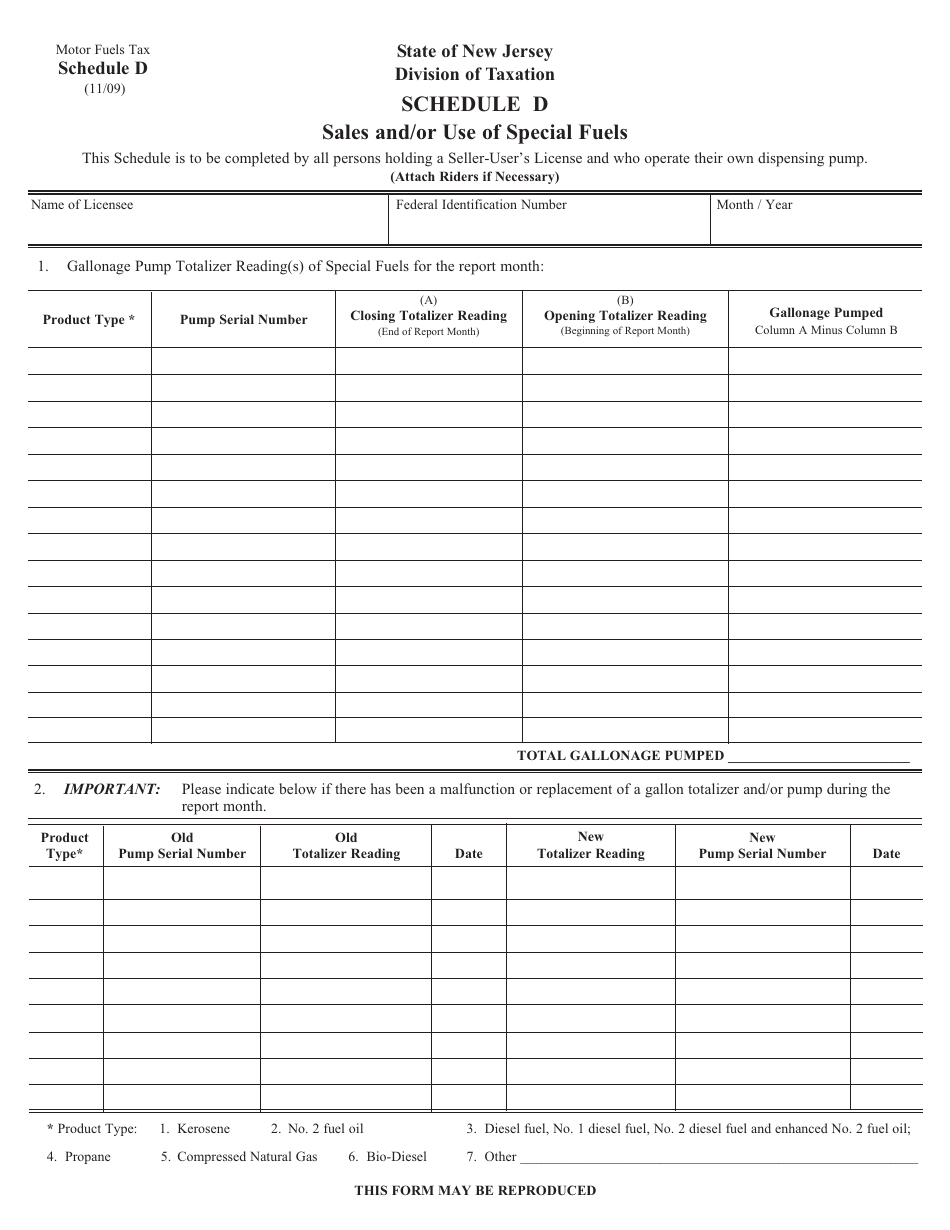 Form MFT-10 Schedule D Sales and / or Use of Special Fuels - New Jersey, Page 1