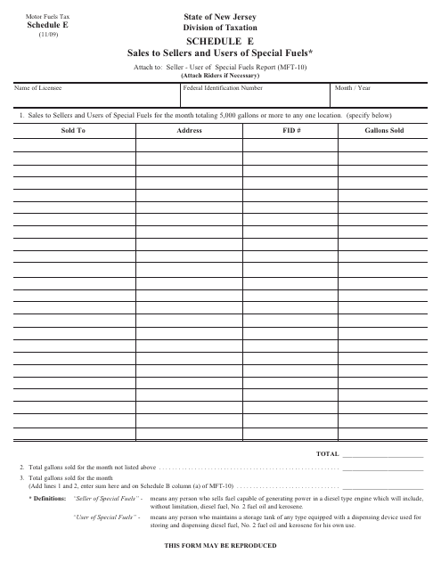 Form MFT-10 Schedule E Sales to Sellers and Users of Special Fuels - New Jersey