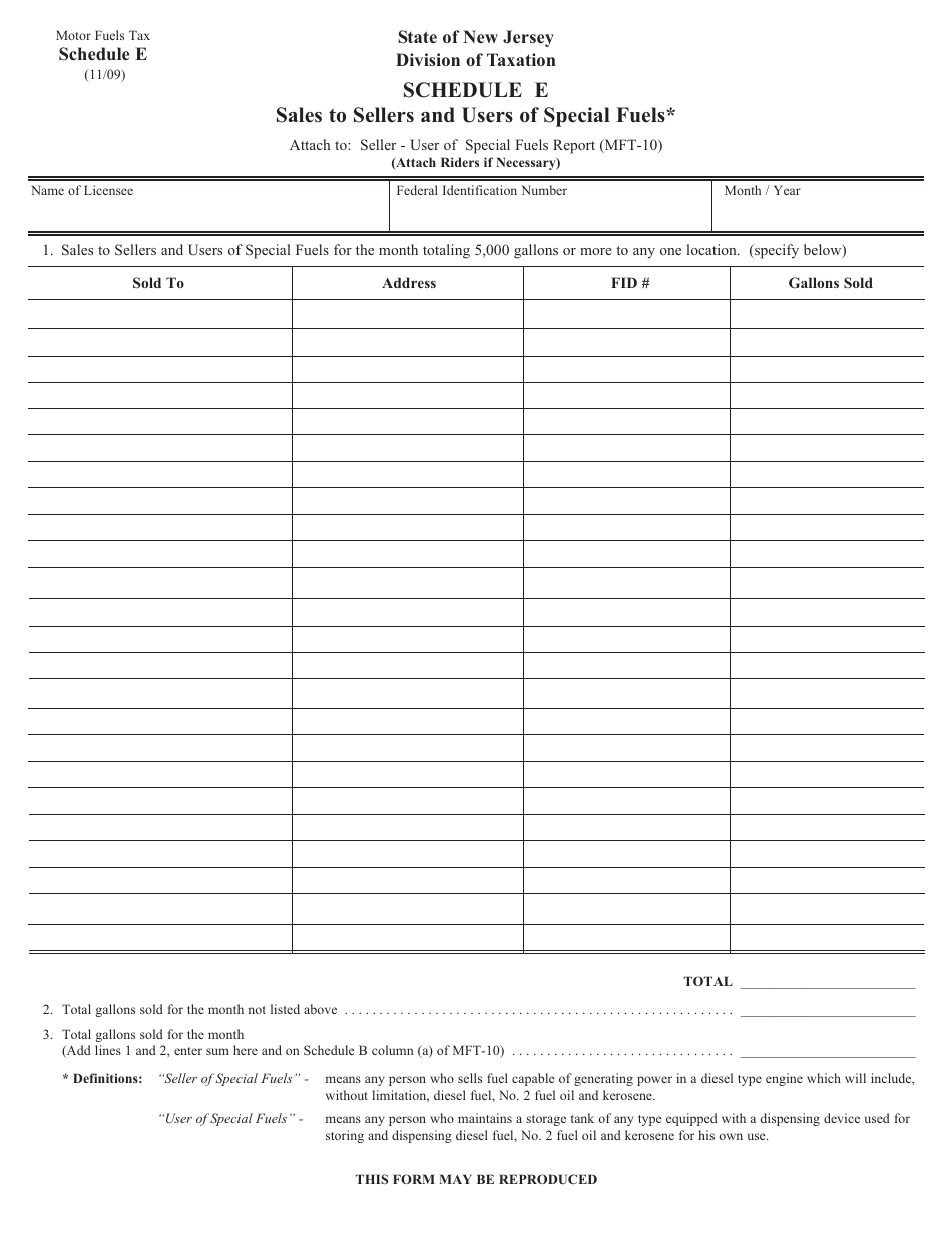 Form MFT-10 Schedule E Sales to Sellers and Users of Special Fuels - New Jersey, Page 1