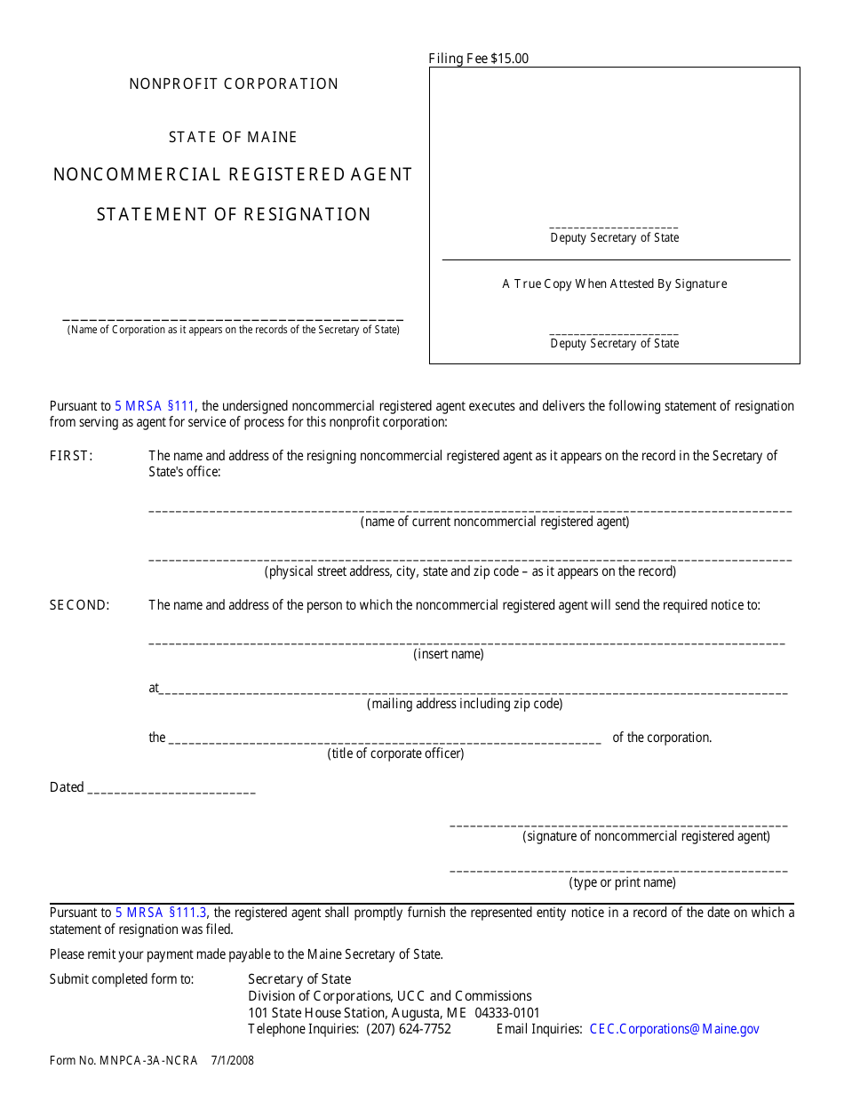Form MNPCA-3A-NCRA Nonprofit Corporation Noncommercial Registered Agent - Statement of Resignation - Maine, Page 1