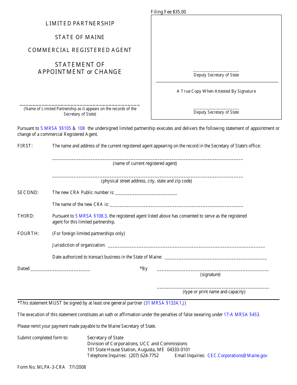 Form MLPA-3-CRA Commercial Registered Agent Statement of Appointment or Change - Maine, Page 1