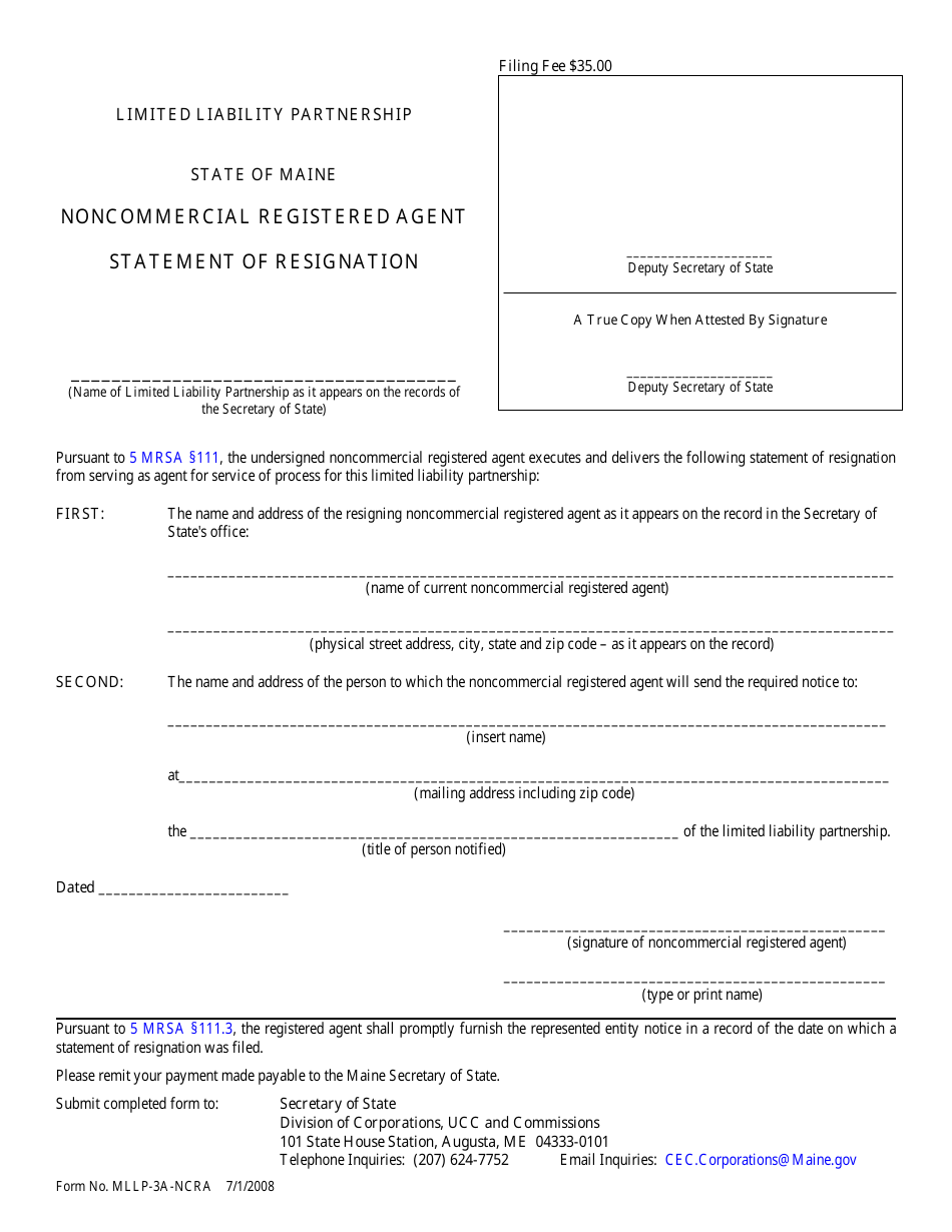 Form MLLP-3A-NCRA Noncommercial Registered Agent Statement of Resignation - Maine, Page 1