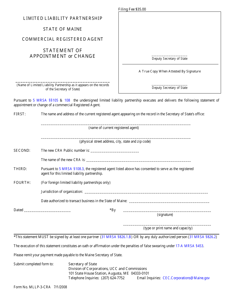 Form MLLP-3-CRA Commercial Registered Agent Statement of Appointment or Change - Maine, Page 1