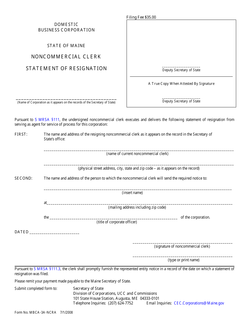Form MBCA-3A-NCRA Noncommercial Clerk Statement of Resignation - Maine, Page 1