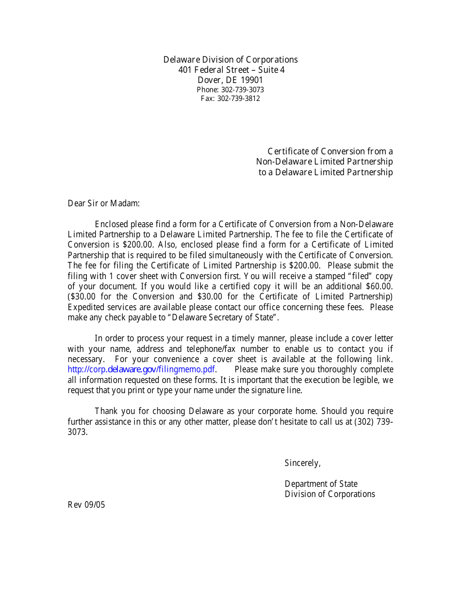 Certificate of Conversion From a Non-delaware Limited Partnership to a Delaware Limited Partnership - Delaware, Page 1