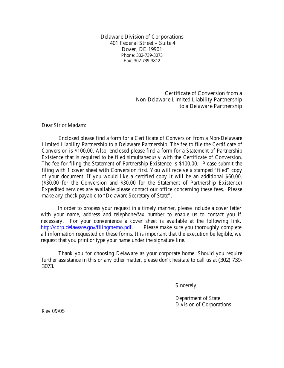 Certificate of Conversion From a Non-delaware Limited Liability Partnership to a Delaware Partnership - Delaware, Page 1