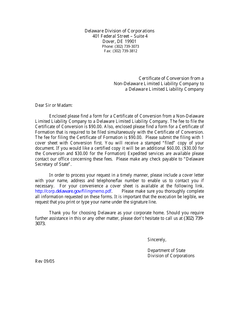 Certificate of Conversion From a Non-delaware Limited Liability Company to a Delaware Limited Liability Company - Delaware, Page 1