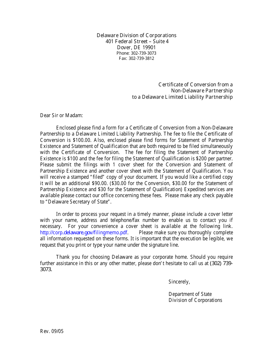 Certificate of Conversion From a Non-delaware Partnership to a Delaware Limited Liability Partnership - Delaware, Page 1