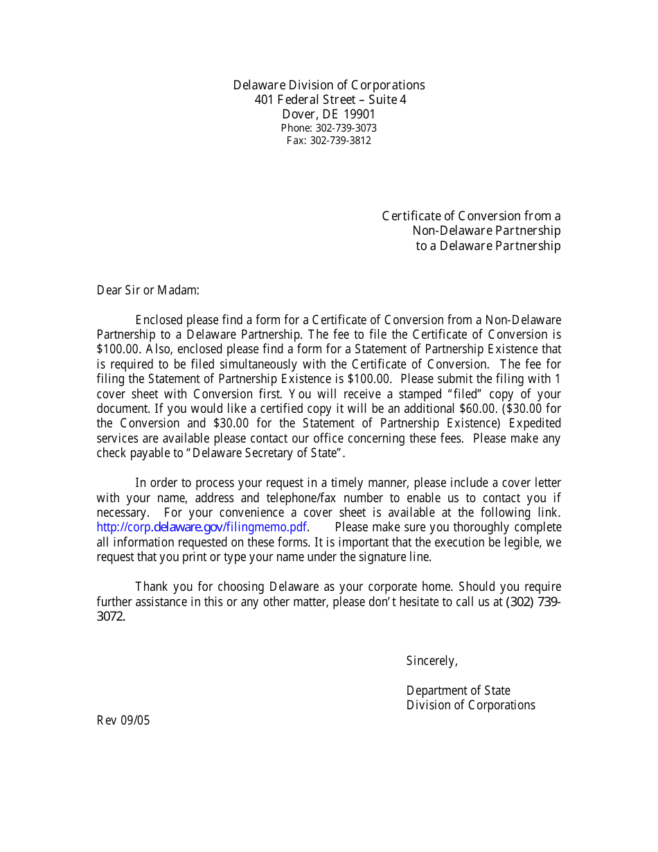 Certificate of Conversion From a Non-delaware Partnership to a Delaware Partnership - Delaware, Page 1