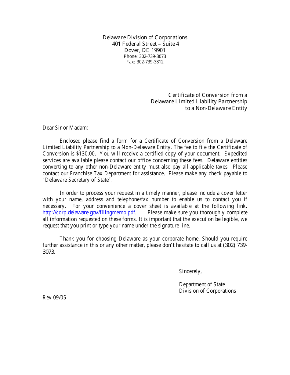 Certificate of Conversion From a Delaware Limited Liability Partnership to a Non-delaware Entity - Delaware, Page 1