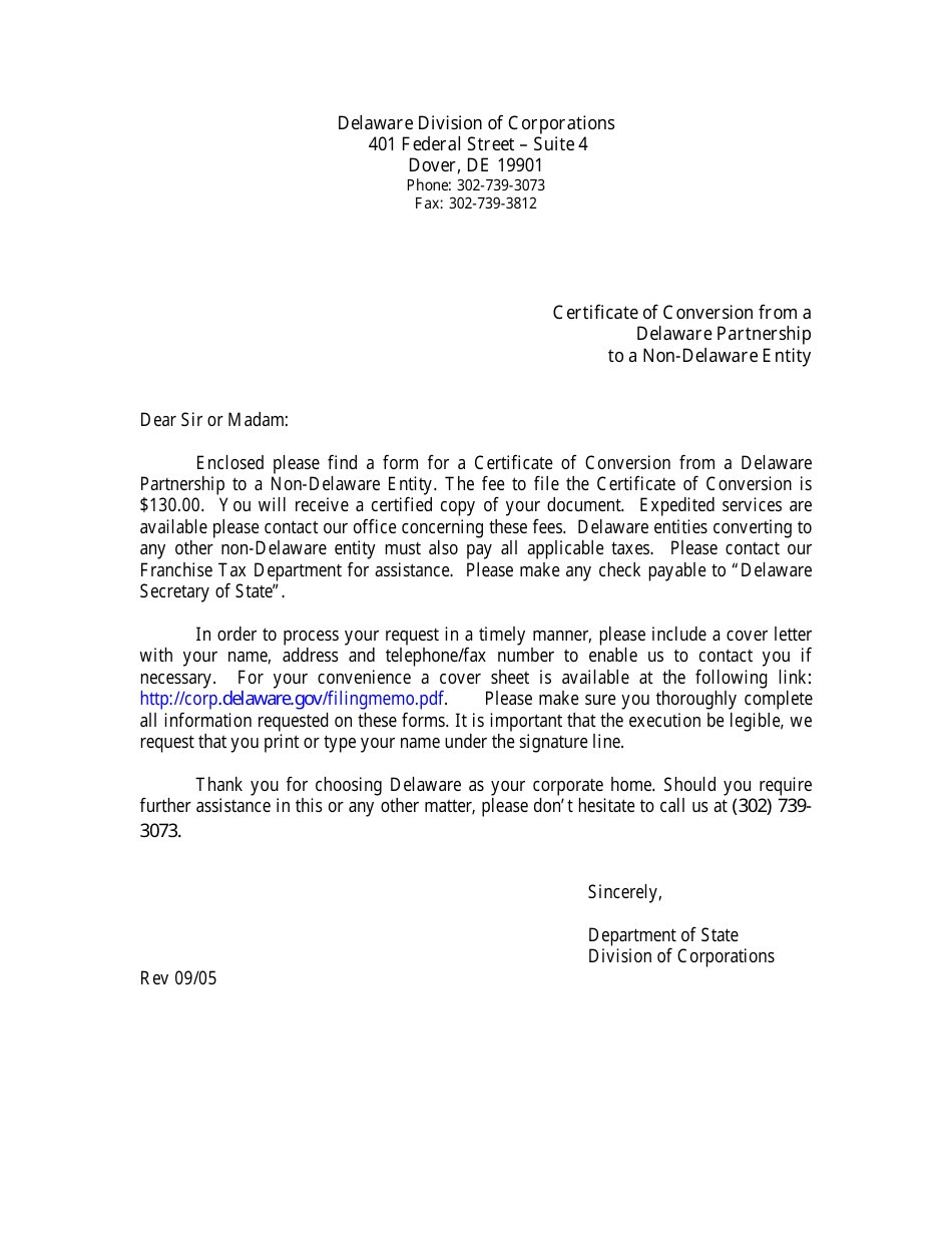 Certificate of Conversion From a Delaware Partnership to a Non-delaware Entity - Delaware, Page 1