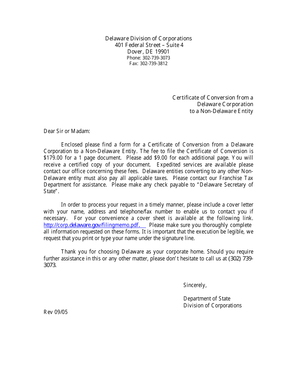 Certificate of Conversion From a Delaware Corporation to a Non-delaware Entity - Delaware, Page 1
