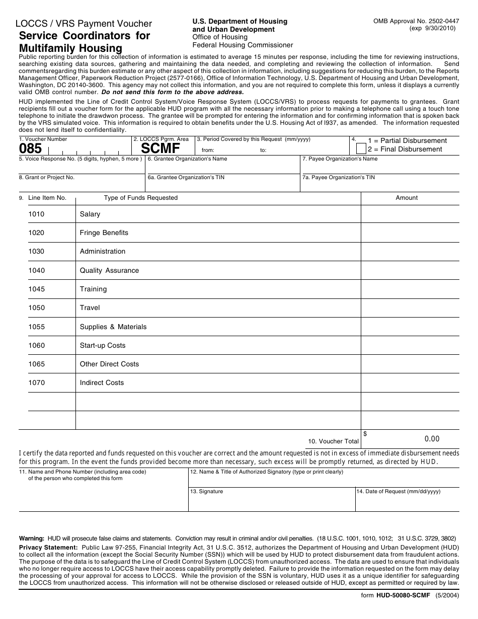 Form HUD-50080-SCMF Loccs / Vrs Payment Voucher - Service Coordinators for Multifamily Housing, Page 1