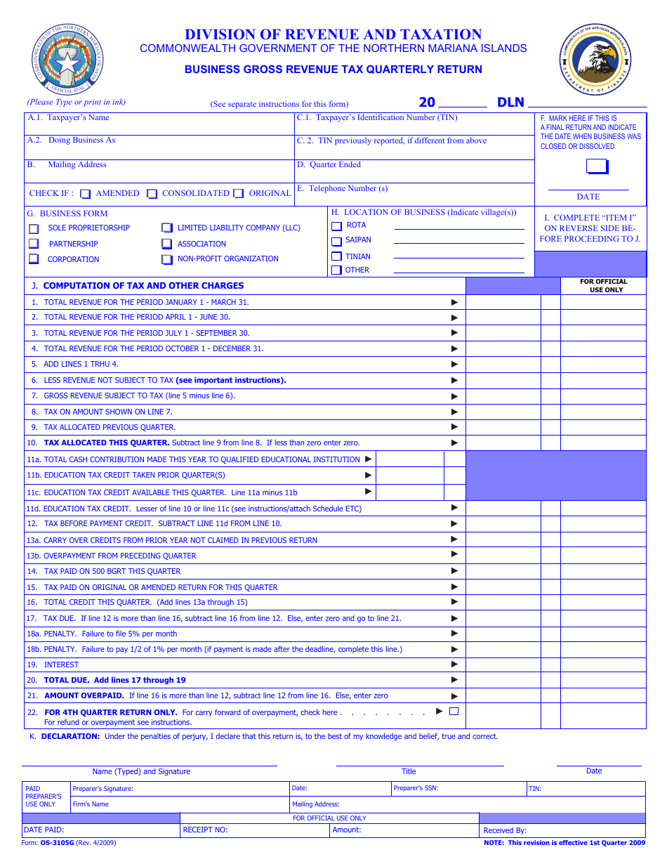 Form OS-3105G Business Gross Revenue Tax Quarterly Return - Northern Mariana Islands, Page 1