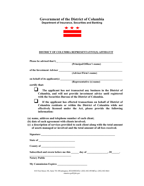 District of Columbia Representative(S) Affidavit Form - Washington, D.C.