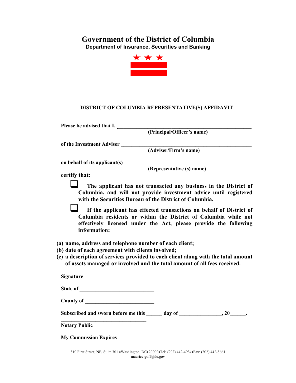 District of Columbia Representative(S) Affidavit Form - Washington, D.C., Page 1