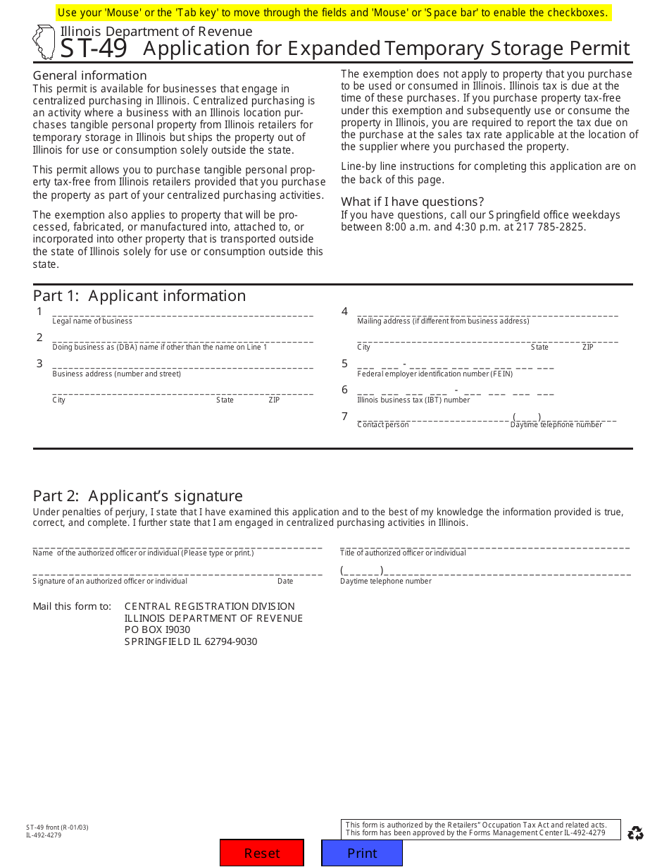Form ST-49 (IL-492-4279) Application for Expanded Temporary Storage Permit - Illinois, Page 1